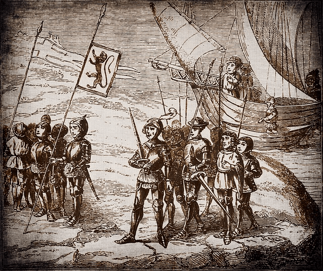 Grabado del desembarco de la conquista de la Palma