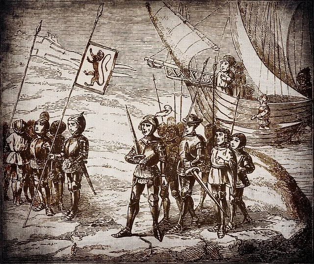 Grabado del desembarco de la conquista de la Palma 
