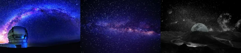 Muestra la vía láctea y las estrellas de los cielos de la Palma y el telescopio más famoso del observatorio de la Palma.