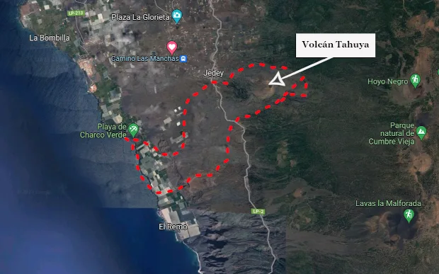 Lugar donde se encuentra el volcán Tajuya y representación de sus lavas en el mapa.