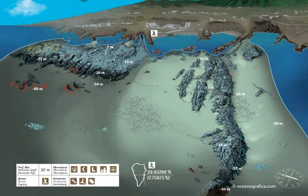 Muestra las posibles rutas de buceo y el mapa de la inmersión de los Cancajos, en la Palma. 
