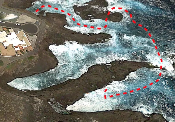 Muestra el recorrido que suelen seguir los buceadores en el punto de buceo de la Catedral.