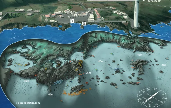 Muestra el mapa de buceo en la Salemera.