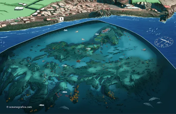 Mapa del punto de buceo de la Bombilla en la Palma.
